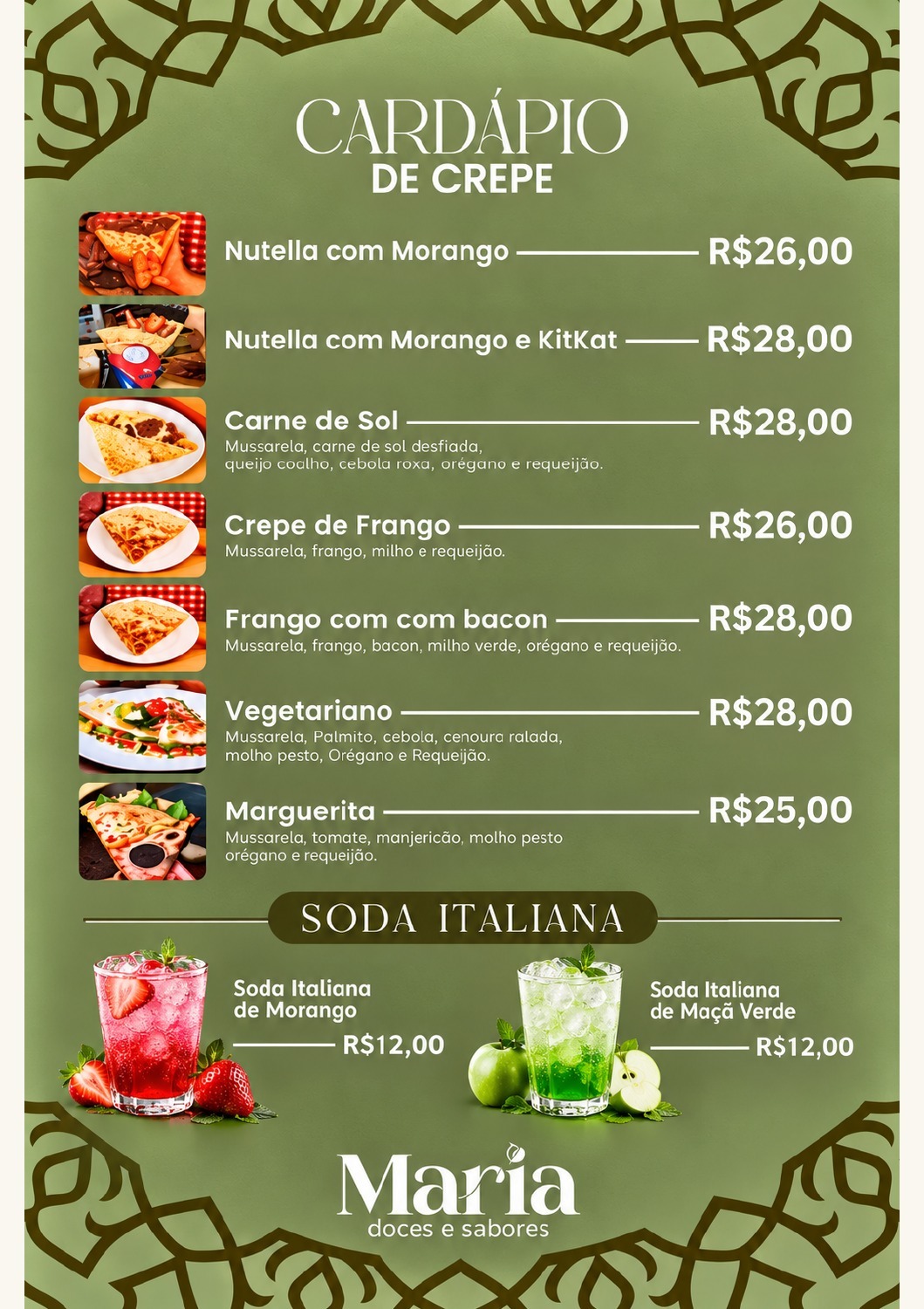 Prévia do cardápio Crepes e Soda Italiana